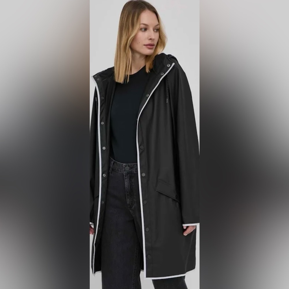 Rains Black Trench Coat with White Trim